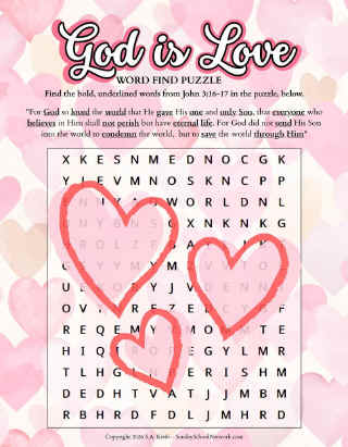 John 3:16-17 Word Search Puzzle for Kids | God�s Love Bible Find Activity | Valentine�s Sunday School Printable | Christian Classroom Game image 1